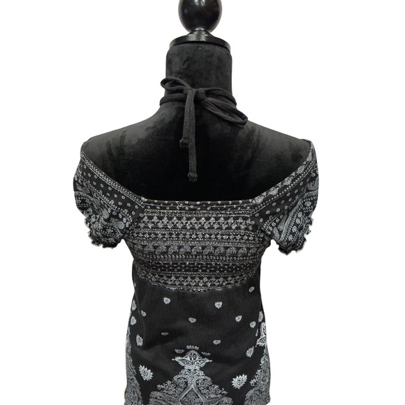 Womens Y2K Black Paisley Pattern Off Shoulder Top - Picture 7 of 10